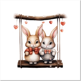 Valentine Rabbit Couple On Swing Posters and Art